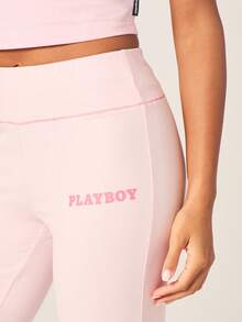 Missguided x Playboy Women's High Rise Flared Leggings With Cover Stitch Detail Pink Soft Stretchy Wide Leg Palazzo Style Casual Everyday Loungewear - Pink - View 4