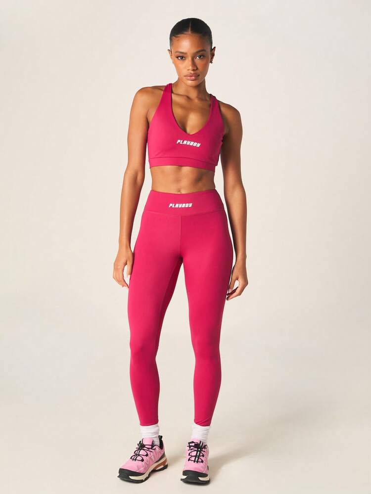 Missguided x Playboy Women High Waisted Full Length Hot Pink Sports Leggings With Logo Athletic Yoga Pants Stretchy Workout Tights