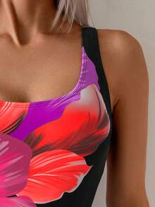 Swim Basics 女士连体多色大花卉图案圆领优雅高衩泳衣，夏季 - 彩色 - 查看 5