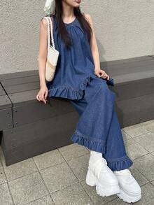FRIFUL 两件套女士牛仔荷叶边吊带背心和牛仔裤，简约时尚套装 - 藍色 - 查看 5