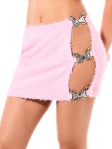 SUMWON WOMEN 女士毛绒针织蝴蝶结装饰超短迷你裙 粉色毛绒质感 高腰派对夜店可爱Y2K时尚可爱 - 粉色 - 查看 6