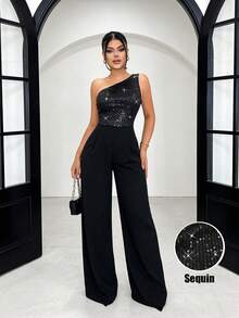 Eryvara 女士黑色亮片露肩修身长款连体裤，拉链设计，性感派对装扮，夜店装扮，春夏新款装扮，情人节约会装扮，生日装扮，泳池派对装扮，舞会装扮，演唱会装扮，商务通勤装扮，婚礼宾客优雅浪漫长款连体裤 - 黑色 - 查看 1