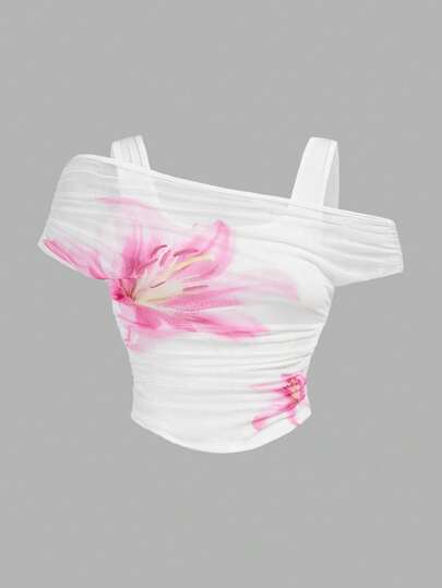 SHEIN Girlism Teen Girl Floral Print Ruched Fitted Short Sleeve T-Shirt