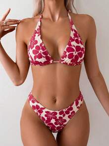 Swim Mod 女士夏季沙滩印花露背系带性感比基尼泳装套装 - 彩色 - 查看 3