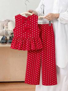 SHEIN 2件套少女碎花无袖上衣和宽松休闲裤套装 - 摩卡棕 - 查看 6