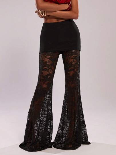 SHEIN BAE Summer Music Festival Party Beach Party Black Solid Color Sexy Lace Flare Pants For Women, Suitable For Summer, Rave, Festival For Women, Western Wear Women, Boho,Women's Wide Leg Pants,Flare Pants,Elegant Pants For Women,Lace Women's Women's Pants,Summer Outfit For Women, Party Outfit