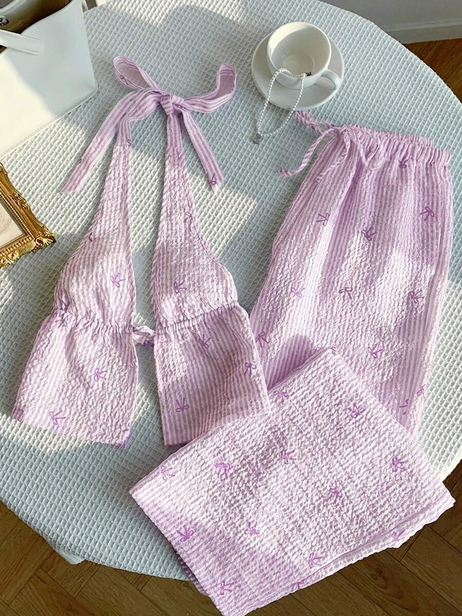 Comfortcana 女士紫色丁香色纹理编织蝴蝶结印花露脐吊带上衣和超长裤两件套 - 紫丁香色 - 查看 1