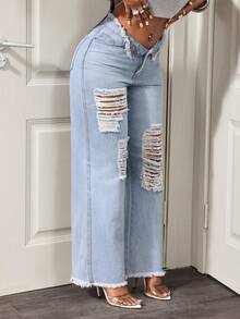 BamGleam Cowgirl Loose Fit Blue Distressed Flared Jeans With Frayed Hem, Non-Stretch, Spring For Women - Light Wash - View 6