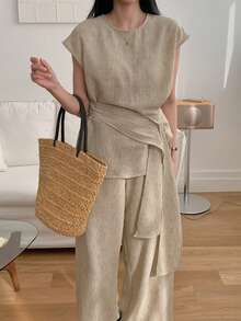 DAZY Women's Casual Vacation & Commute Bat Wing Pleated Waist Top And Wide Leg Pants 2 Pieces Set, Spring/Summer/Autumn - Khaki - View 3