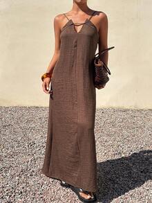 DAZY Đầm hai dây buộc dây bằng vải dệt họa tiết dành cho nữ, kiểu dáng nghỉ mát. - màu nâu - Xem 4