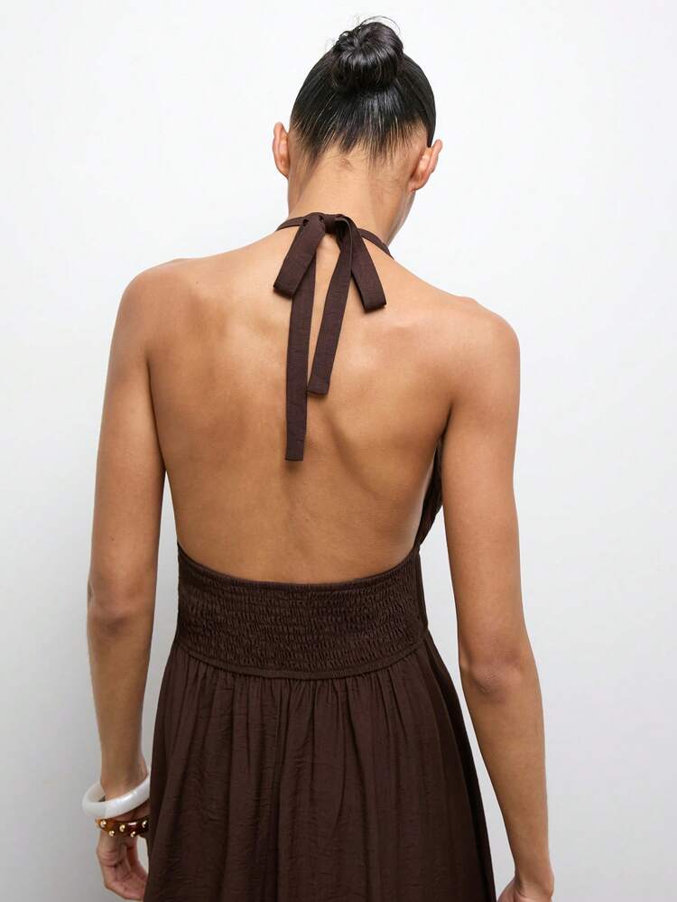 SHEIN Maija Women's Elegant Dark Brown Backless Halter Dress,Summer Casual Holiday Vacation Outfits,Solid Color Beach Party Graduation Outfits Casual Dresses