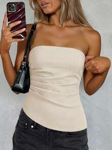 SHEIN Essnce Women's Solid Color Ruched Asymmetric Hem Camisole Top Tube Top With Bra White Tube Top Women Strapless Shirt Curve Tube Top Long Tube Top - Apricot - View 5