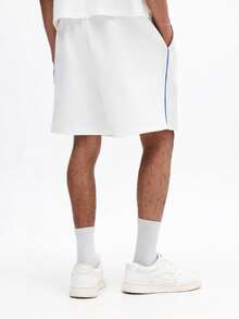 SUMWON Men's Textured White Zig Zag Pattern Shorts With Contrast Blue Binding Detail Summer Drawstring Casual Shorts - White - View 5