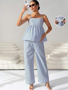 MaterniWear 孕妇条纹荷叶边吊带背心和可调节腰带裤子哺乳两件套 - 藍白色 - 查看 8