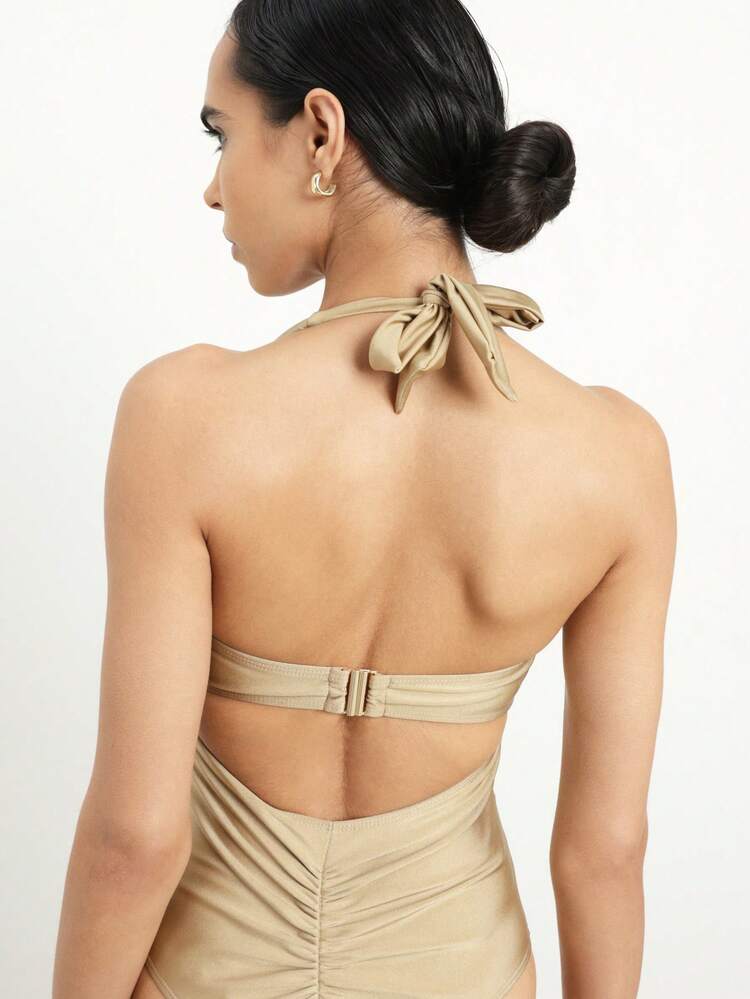 KSTM Ruched Halter Swimsuit With Cut Out Back Detail One Piece Beige Summer Beach Vacation Pool Resort