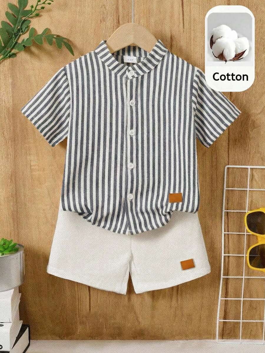 SHEIN 2件套男童休闲舒适百搭条纹立领短袖衬衫和短裤套装