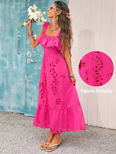 Vivid Eden Women's Hollow-Out Design Ruffle Hem Dress, Fashionable For Vacation,Vacation,Vacation Style,Rose Pink Dress,Laser Cut Out Dress,Square Collar Rose Pink Dress,Pink Dress For Women,Summer Vacation Outfits,Beach Vacation Outfits For Women,Dress For Wedding Guest,Valentine Outfits For Women,Summer Holiday Outfits