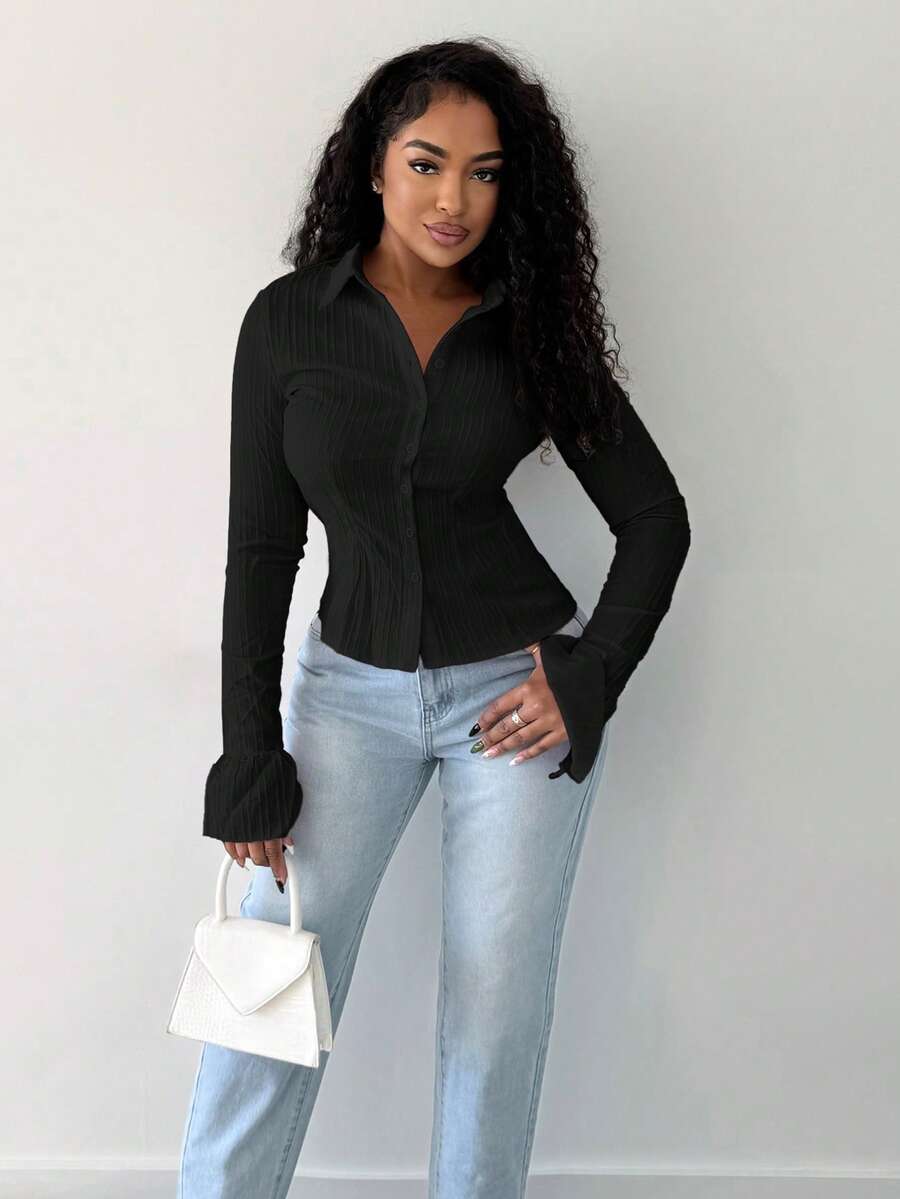 Alexandranx White Striped Open Front Button Down Collar Long Sleeve Ruffle Cuff Fitted Shirt, Fashion Minimalist Commuter Casual Elegant Versatile Spring/Summer Fall Cloth For Women - Black - View 1