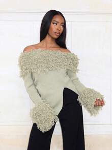 Mima John Autumn/Winter New Distressed Off-Shoulder Fringe Sweater For Women,Christmas Sweater - Green - View 6