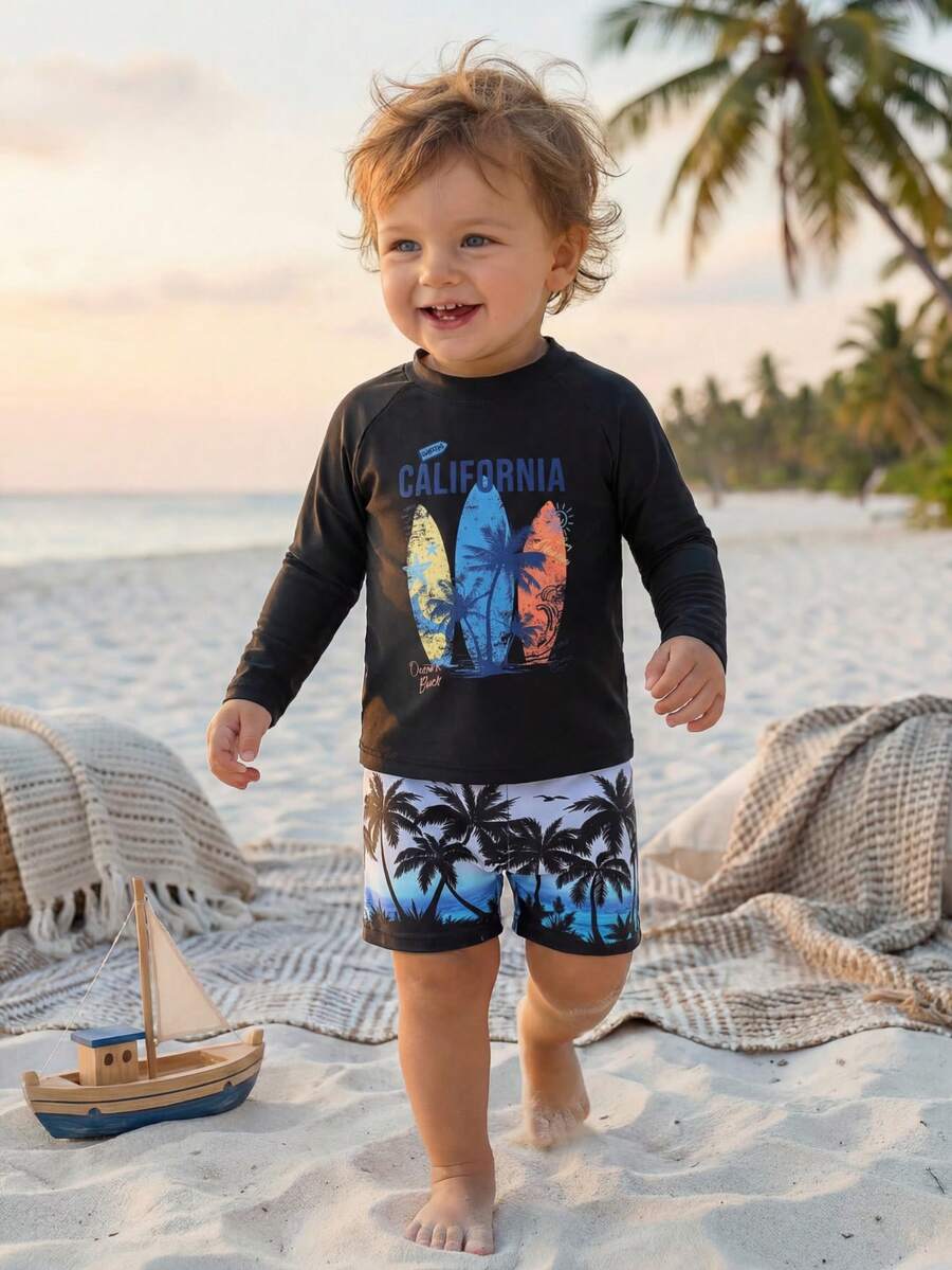 SHEIN TaviRue 2pcs Baby Boy Summer Casual Vacation Swimsuit Set, Suitable For Beach, Pool, Hot Spring Swimming In Summer - Multicolor - View 1