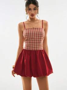 Poéselle Women's Summer Casual Plaid Patchwork Spaghetti Strap Mini Dress - Multicolor - View 2