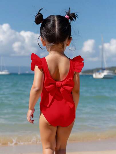 SHEIN Baby Girl Solid Color Bow Decor One-Piece Swimsuit, Beach Vacation
