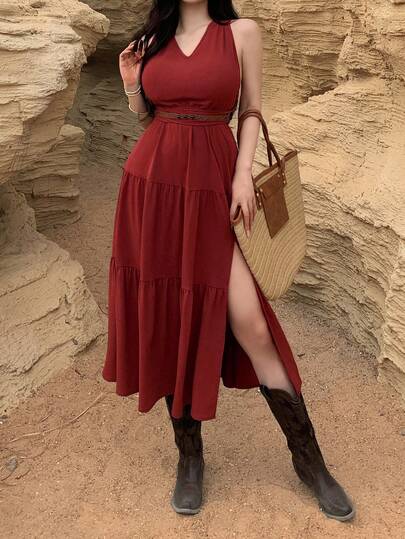 DAZY Women's Elegant Solid Color Backless Tie Strap Mid-Length Dress, Summer