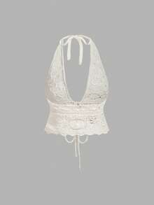 SHEIN MOD Summer Vacation Beach Crochet Halter Cover Up, Handmade Crochet, Beach Vacation Outfits For Women, Cute,Country Concert, Holiday, Vacation Woman, Festival, Women's White Crochet Halter Bikini Top Beach Swimwear, Cream Coverup - White - View 4