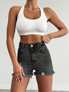 EURMUSE 100%Cotton Mini Heavy Destroy Short With Back Label Detail - Dark Grey - View 5