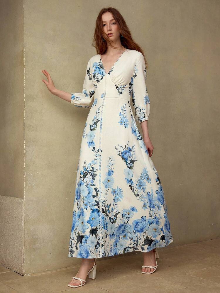 WOMEN'S LINEN BLEND FLORAL PRINT 3/4 SLEEVE MID-LENGTH CASUAL/DATE DRESS, SPRING/SUMMER