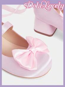 Dola Lovely 洛丽塔风格缎面踝带高跟鞋，方头蝴蝶结装饰玛丽珍鞋，柔美公主风套装 - 粉色 - 查看 4