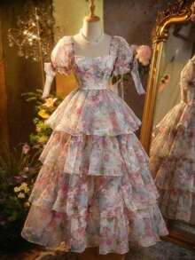 SHEIN MOD 女士印花方领层叠荷叶边长裙 - 彩色 - 查看 2