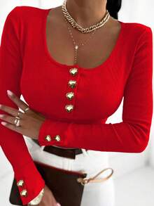 INAWLY 修身性感圆领半开襟心形纽扣休闲长袖女式T恤 - 紅色 - 查看 1