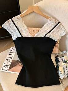 GlowEve Women's Elegant Contrast Lace Slim Fit T-Shirt For Daily Commute, Summer - Black - View 2