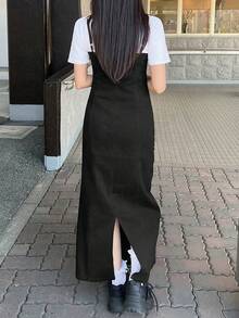 FRIFUL Front Tie Fitted Denim Maxi Dress - Black - View 2