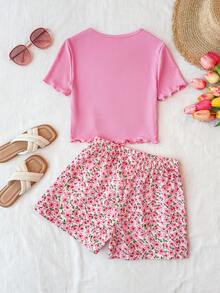 Tween Girls Ditsy Floral T-Shirt Shorts Co-Ord Set,Cute Pastel Pink Ribbed Knit Top & Patterned Shorts 2 Pc Summer Vacation Holiday Outfits For Girl - Pink - View 2