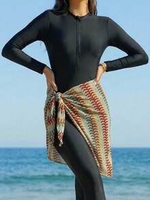 Swim Mulvari Conjunto burkini de top de manga larga con cremallera y pantalones largos de unicolor con falda, adecuado para vacaciones en la playa - Negro - Ver 8