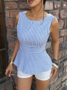 Elyressa Camiseta de mujer con diseño de espalda abierta, lazos y encaje a contraste con rayas - Azul - Ver 5