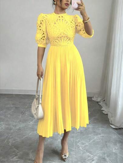 Rafferiza Vestido elegante de mujer con volantes y mangas abombadas bordadas