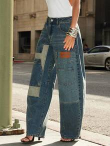Denimoi Mixed Denim Pocket Patch Barrel Leg Denim Jeans Statement Jeans Barrel Jeans Fashion Streetwear - Medium Wash - View 2