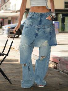 Denimoi Layered Distressed Raw Edge Straight Leg Jeans Fashion Streetwear It Girl Outfits StatementJean - Light Wash - View 1