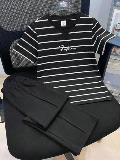 SHEIN 2pcs Kids Tween Boy Casual Versatile Striped Pattern Round Neck Patch Pullover Short-Sleeved T-Shirt Solid Color Loose Trousers Knitted Two Pieces Suit Suitable For School, Garden, Beach, Birthday Spring, Summer, Autumn And Winter Fall, Winter Season Summer Y2k Vacation Goth Gothic Streetwear Sumwon Burgundy Holiday Vintage Boho Festival Gras Party Cute Birthday Boys Modest Home Casual Cozy