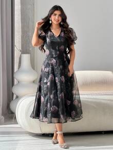 Modelyn 女士优雅通勤印花花瓣袖连衣裙 - 彩色 - 查看 3