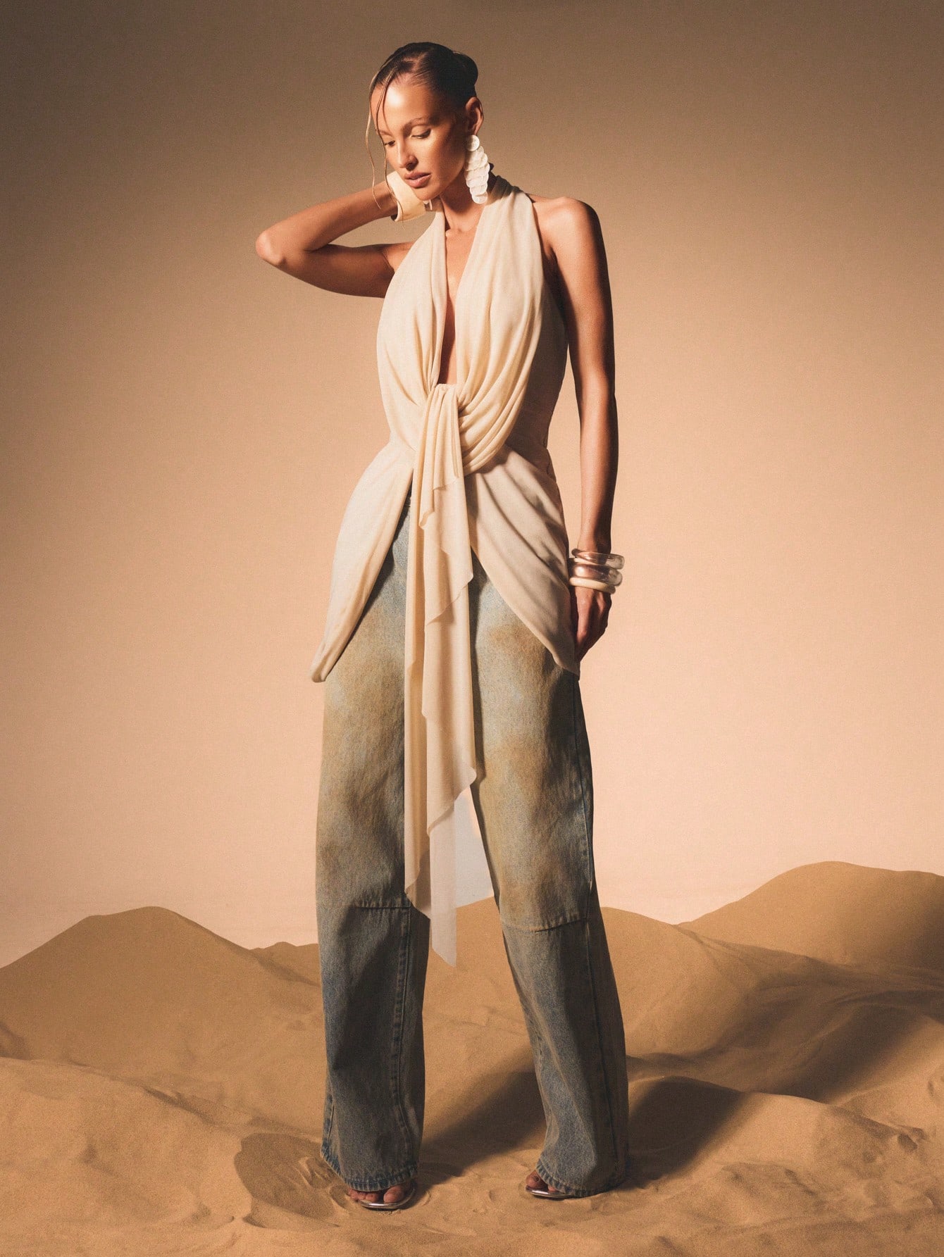 KIZN Mesh Drape Halter Top With Deep V Neck