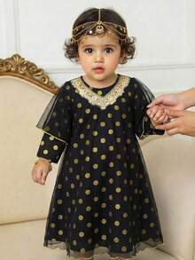 SHEIN 女婴优雅奢华黑色网纱波点长袖连衣裙配长外套套装 - 彩色 - 查看 5