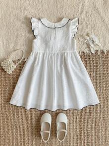 PrepCrw 1pc Young Girls' Elegant White Summer Party Dress,Black Trim Floral 3D Ruffle Collar Sleeveless Embroidered Dress For Kids,Easter Holiday Fairycore - White - View 3