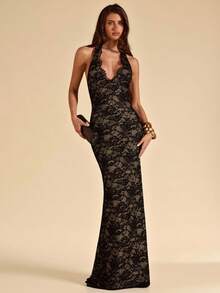 SHEIN BAE Đầm ren ôm sát màu đen gợi cảm cổ chữ V sâu, thanh lịch cho tiệc bãi biển, hẹn hò, đầm ren. - màu đen - Xem 1