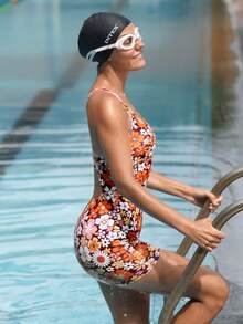 Swim SPRTY 碎花露背系带连体泳衣，适合运动、度假和海滩穿着 - 彩色 - 查看 5