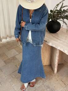 DAZY Women's Collared Zip-Up Long Sleeve Top And Denim Skirt Casual Outfit - Blue - View 3