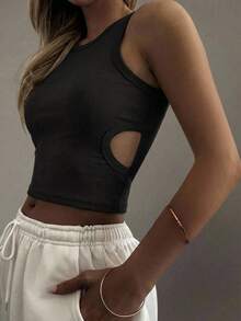 DAZY 女士夏季圆领露背镂空修身短款休闲性感吊带背心 Y2k - 黑色 - 查看 5